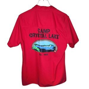 Friday the‎ 13th Camp Crystal Lake Red Short Sleeve Button Down Shirt Mens Large